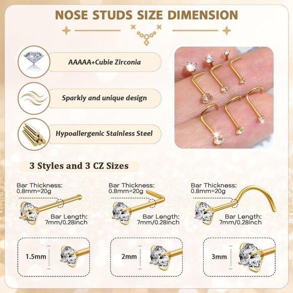 12Pcs Gold Silver Black Hypoallergenic 316L Surgical Steel Nose Jewelry Sets for - Picture 4 of 7
